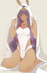Rule 34 | animal ears, bare legs, barefoot, bed sheet, beige background, blunt bangs, blush, breasts, competition swimsuit, covered navel, dark-skinned female, dark skin, facial mark, fate/grand order, fate (series), hair ornament, hood, hoodie, jewelry, long hair, looking at viewer, medium breasts, necklace, nitocris (fate), nitocris (fate/grand order), nitocris (swimsuit assassin) (fate), nitocris (swimsuit assassin) (second ascension) (fate), one-piece swimsuit, purple eyes, purple hair, sheet grab, sidelocks, simple background, sitting, solo, sumisu (mondo), swimsuit, very long hair, white one-piece swimsuit