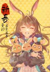 Rule 34 | 1girl, :d, absurdres, amiya (arknights), animal ear fluff, animal ears, antenna hair, arknights, black coat, blue choker, blush, brown hair, chinese zodiac, choker, coat, doctor (arknights), facing viewer, grin, hair intakes, highres, holding, holding stuffed toy, innoarukugyou, jewelry, kal&#039;tsit (arknights), long hair, long sleeves, material growth, multiple rings, o o, open clothes, open coat, open mouth, oripathy lesion (arknights), parted lips, patterned background, rabbit ears, ring, smile, stuffed animal, stuffed rabbit, stuffed toy, year of the rabbit, yellow background