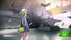 Rule 34 | 1girl, 2others, bag, bare tree, blue coat, bow, closed mouth, coat, commentary, control (game), cookie (touhou), daiyousei, diyusi (cookie), english commentary, english text, fairyfloss, feet out of frame, green hair, hair bow, handbag, health bar, holding, looking afar, medium hair, multiple others, nazrin, nvidia, nyon (cookie), plant, ponytail, scp foundation, solo focus, touhou, traffic baton, tree, yellow bow