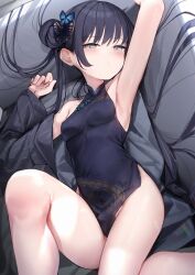 Rule 34 | 1girl, absurdres, armpits, bare legs, black dress, black hair, blue archive, blush, breasts, butterfly hair ornament, china dress, chinese clothes, closed mouth, covered erect nipples, covered navel, double bun, dress, grey eyes, grey jacket, hair bun, hair ornament, halterneck, highres, jacket, kisaki (blue archive), long hair, looking at viewer, lying, narrowed eyes, on back, pinstripe jacket, pinstripe pattern, side slit, small breasts, solo, somray, striped, striped clothes, striped jacket, thighs, twintails, very long hair