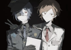 Rule 34 | 2boys, alternate costume, badge, black background, black gloves, black hat, black jacket, black shirt, blazer, blue hair, blue necktie, brown eyes, brown shirt, buttons, chinese commentary, clipboard, closed mouth, collared jacket, collared shirt, commentary, commentary request, danganronpa (series), danganronpa another, danganronpa another: another despair academy, dot nose, english commentary, eyepatch, gloves, hair between eyes, hand on another&#039;s shoulder, hat, highres, holding, holding clipboard, jacket, kinjou tsurugi, korean commentary, lapel pin, lapels, long sleeves, looking at viewer, maeda yuki, male focus, medical eyepatch, mixed-language commentary, multilingual commentary, multiple boys, name tag, necktie, notched lapels, orange hair, police, police hat, police uniform, red eyes, red necktie, shirt, simple background, smile, sutoroboraito, upper body, v, white jacket