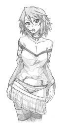 Rule 34 | 00s, bare shoulders, breasts, candy, cleavage, clothes pull, collarbone, food, food in mouth, graphite (medium), greyscale, highres, jewelry, large breasts, lollipop, miniskirt, monochrome, necklace, off-shoulder shirt, off shoulder, okamaka, panties, plaid, plaid skirt, pleated skirt, rosario+vampire, shirayuki mizore, shirt, skirt, skirt pull, solo, striped clothes, striped panties, striped thighhighs, thighhighs, tongue, tongue out, traditional media, underwear, undressing