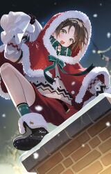 Rule 34 | 1boy, black footwear, black gloves, black shorts, blurry, blurry background, blush, boots, bow, brown hair, chimney, christmas, christmas lights, fur trim, gloves, green eyes, highres, holding, holding sack, hood, hood up, long sleeves, looking at viewer, male focus, night, open mouth, original, outdoors, pillow (nutsfool), poncho, red shorts, sack, santa costume, shoes, shorts, snow, snowing, socks, solo, sweater, teeth, upper teeth only