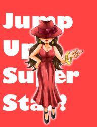 Rule 34 | 1girl, bow, breasts, brown hair, cleavage, donkey kong (series), dress, earrings, full body, grin, hand on own hip, hand up, hat, high heels, highres, jewelry, large breasts, lipstick, long hair, lyrics, makeup, mario (series), mayor, nail polish, nintendo, pauline (mario), red dress, smile, solo, super mario bros. 1, super mario odyssey