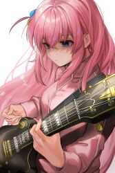 Rule 34 | 1girl, absurdres, asada sadao, blue eyes, bocchi the rock!, closed mouth, cube hair ornament, electric guitar, gotoh hitori, guitar, hair between eyes, hair ornament, highres, holding, holding instrument, instrument, jacket, long hair, long sleeves, one side up, pink hair, pink jacket, simple background, solo, white background