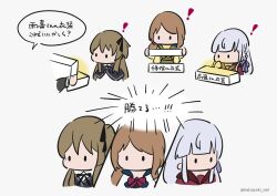 Rule 34 | !, 4girls, assault lily, black capelet, black ribbon, black shirt, blunt bangs, bow, bowtie, box, braid, brown hair, brown sailor collar, capelet, chibi, comic, disembodied limb, glowing, grey background, grey hair, hair ribbon, hand to own mouth, hand up, hands up, herensuge girls academy school uniform, highres, holding, holding box, iijima renka, jacket, kabayaki (kabayaki eel), kanba girls high school uniform, kon kanaho, kuo shenlin, long hair, long sleeves, looking at object, looking away, low ponytail, multiple girls, neck ribbon, no mouth, one side up, open box, open clothes, open jacket, purple ribbon, red bow, red bowtie, red shirt, ribbon, sailor collar, school uniform, serafuku, shirt, side braid, side ponytail, sidelocks, simple background, solid oval eyes, speech bubble, swept bangs, translated, white jacket, yurigaoka girls academy school uniform