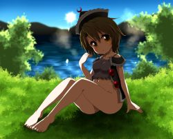 Rule 34 | 1girl, backlighting, barefoot, blonde hair, blue sky, bottomless, chemise, day, harusame (unmei no ikasumi), hat, highres, lake, legs, looking at viewer, lunasa prismriver, navel, no panties, open clothes, open shirt, shirt, sitting, sky, solo, sun, sunlight, sweat, touhou, wet, yellow eyes