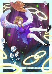 Rule 34 | 1girl, blonde hair, bubble, chakram, female focus, full body, hat, unworn hat, unworn headwear, hoop, light smile, mary janes, moriya&#039;s iron rings, moriya suwako, outstretched arms, shoes, solo, spread arms, st.neet, thighhighs, touhou, underwater, weapon, white thighhighs