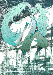 Rule 34 | 1girl, akakatta, aqua hair, boots, covering privates, covering face, covering own eyes, elbow gloves, female focus, full body, gloves, grin, hatsune miku, highres, koi wa sensou (vocaloid), long hair, megaphone, monochrome, navel, necktie, no eyes, smile, solo, spot color, twintails, very long hair, vocaloid