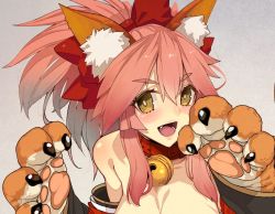 Rule 34 | 1girl, :d, animal ears, animal hands, bare shoulders, bell, blush, bow, breasts, bright pupils, cat paws, claws, cleavage, collar, collarbone, detached sleeves, eyebrows, eyelashes, fang, fate/grand order, fate (series), fox ears, gloves, gradient background, hair between eyes, hair bow, high ponytail, japanese clothes, jingle bell, kamaboko (ossann0125), lips, long sleeves, medium breasts, neck bell, open mouth, paw gloves, pink hair, pink lips, red bow, red collar, sidelocks, smile, solo, tamamo (fate), tamamo cat (fate), tamamo cat (first ascension) (fate), teeth, thick eyebrows, tongue, white pupils, yellow eyes