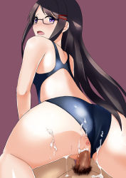 Rule 34 | 10s, 1girl, anus, ass, bad id, bad pixiv id, black hair, censored, clothing aside, cocona (coconacafe), competition swimsuit, cum, cum on body, endou rino, glasses, hair ornament, hairclip, highres, jinsei, long hair, looking back, mosaic censoring, one-piece swimsuit, open mouth, penis, purple eyes, sex, solo focus, swimsuit, swimsuit aside, vaginal