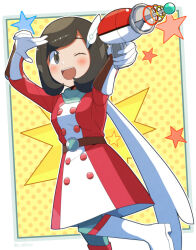 Rule 34 | 1girl, ;d, black eyes, black hair, blush, boots, commentary request, creatures (company), dress, energy gun, game freak, gloves, gun, hair ornament, highres, holding, holding gun, holding weapon, knee boots, nintendo, official alternate costume, one eye closed, open mouth, pokemon, pokemon masters ex, ray gun, red dress, selene (pokemon), selene (special costume) (pokemon), shinozaki naruse, smile, solo, star (symbol), teeth, two-tone dress, upper teeth only, weapon, white dress, white footwear, white gloves