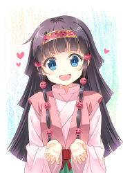 Rule 34 | 1boy, :d, alluka zoldyck, black hair, blue eyes, crossdressing, hair ornament, hairband, heart, hunter x hunter, hyuuga azuri, japanese clothes, lapel pin, long hair, looking at viewer, male focus, open mouth, smile, smiley, solo, trap