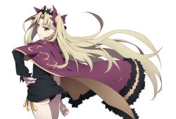 Rule 34 | 1girl, ass, black dress, black panties, blonde hair, blush, cape, cowboy shot, dress, earrings, ereshkigal (fate), fate/grand order, fate (series), from behind, gold trim, hair ribbon, hand on own hip, highres, jewelry, long hair, long sleeves, looking at viewer, looking back, panties, pantyshot, red cape, red eyes, red ribbon, ribbon, shadowsoforacle, short dress, simple background, solo, thighs, tiara, twintails, underwear, white background