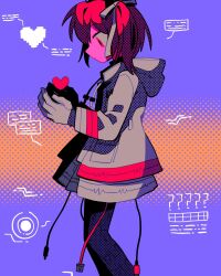 Rule 34 | 1girl, ?, a.i. voice, adachi rei, black hairband, black leggings, cable, cupping hands, dot mouth, feet out of frame, gloves, grey skirt, hair ribbon, hairband, halftone, halftone background, hands up, heart, highres, holding, holding heart, hood, hood down, jacket, leggings, looking down, medium hair, menma (enaic31), open clothes, open jacket, orange background, orange eyes, orange hair, own hands together, pixel heart, pleated skirt, profile, purple background, ribbon, side ponytail, skirt, solo, sound wave, two-tone background, utau, white gloves, white jacket, white ribbon