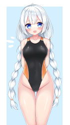 Rule 34 | ^^^, 1girl, absurdres, arm behind back, black one-piece swimsuit, blue background, blue eyes, blush, border, braid, breasts, collarbone, commentary request, competition swimsuit, highres, kizuna akari, long hair, looking at viewer, medium breasts, one-piece swimsuit, open mouth, silver hair, smile, solo, standing, swimsuit, thigh gap, tomin (tomin 90), twin braids, two-tone background, very long hair, voiceroid, white border