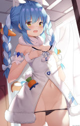Rule 34 | 1girl, animal ears, bad id, bad pixiv id, black panties, blue hair, blush, bow, braid, breasts, carrot hair ornament, ceiling, chintora0201, commentary, curtains, dress, english commentary, fang, food-themed hair ornament, hair between eyes, hair bow, hair ornament, highres, hololive, indoors, long hair, multicolored hair, navel, neck warmer, open mouth, panties, panty pull, rabbit ears, rabbit girl, rabbit tail, side-tie panties, skin fang, small breasts, smile, solo, standing, tail, thick eyebrows, thighs, twin braids, two-tone hair, underwear, usada pekora, usada pekora (1st costume), virtual youtuber, white dress, white hair, window, yellow eyes