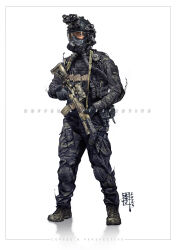 Rule 34 | 1other, 2023, ambiguous gender, ammunition pouch, asian, assault rifle, black eyes, black gloves, black headwear, black jacket, black pants, black vest, body armor, boots, brown footwear, buckle, cable, camouflage, camouflage jacket, camouflage pants, colored pencil (medium), combat boots, combat helmet, commentary, cross-laced footwear, english commentary, facebook username, framed, full body, gloves, goggles, gun, gun sling, h&amp;k hk416, headset, helmet, highres, holding, holding gun, holding weapon, hose, jacket, kanji, knee pads, lace-up boots, load bearing vest, long sleeves, looking away, magazine (weapon), mar-c!, microphone, military jacket, military operator, mixed media, night vision device, optical sight, original, other focus, painting (medium), pants, photoshop (medium), bulletproof vest, pocket, pouch, radio, respirator, rifle, signature, simple background, singapore, snap-fit buckle, tactical clothes, traditional media, trigger discipline, uniform, vest, watercolor (medium), watermark, weapon, white background