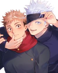 Rule 34 | 2boys, black blindfold, black jacket, blindfold, blindfold lift, blue eyes, brown eyes, ccccc (jpn m0), closed mouth, facial mark, gojou satoru, hand on another&#039;s face, high collar, highres, itadori yuuji, jacket, jujutsu kaisen, lifted by self, looking at viewer, male focus, multiple boys, one eye covered, open mouth, pink hair, short hair, sideburns, smile, spiked hair, twitter username, undercut, upper body, white hair