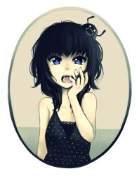 Rule 34 | 1girl, bare shoulders, black dress, black hair, blue eyes, creature, dress, framed, hand on own cheek, hand on own face, highres, messy hair, original, pas (paxiti), portrait, saliva, solo, transparent background, upper body, yami shoujo, yawning