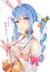 Rule 34 | 1girl, animal ear fluff, animal ears, blue hair, blush, bow, braid, breasts, carrot hair ornament, commentary request, cosplay, detached sleeves, food-themed hair ornament, hair bow, hair ornament, head tilt, hololive, long hair, looking at viewer, medium breasts, motsunuki, multicolored hair, nontraditional miko, obi, open mouth, rabbit ears, red eyes, sakura miko, sakura miko (1st costume), sakura miko (cosplay), sash, sideboob, sidelocks, simple background, solo, streaked hair, translated, twintails, upper body, usada pekora, virtual youtuber, white background, white bow, white hair, wide sleeves