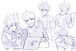 Rule 34 | 2boys, absurdres, bakugou katsuki, blush, body freckles, boku no hero academia, bomb, closed mouth, commentary, computer, crossed arms, english commentary, explosive, freckles, from behind, habkart, hatching (texture), heart, highres, hood, hood down, hoodie, laptop, long sleeves, looking at viewer, lying, male focus, midoriya izuku, monochrome, multiple boys, multiple views, on back, open mouth, print shirt, purple theme, shirt, short hair, short sleeves, simple background, skull print, smile, spiked hair, t-shirt, under covers, upper body, white background, yaoi