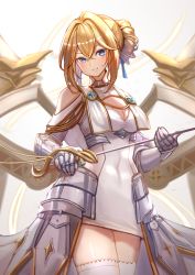 Rule 34 | 1girl, armor, azur lane, blonde hair, blue eyes, breasts, cleavage, clothing cutout, covered navel, cowboy shot, dress, faulds, gauntlets, gold trim, grin, highres, holding, jeanne d&#039;arc (azur lane), long hair, looking at viewer, medium breasts, rapier, short dress, shoulder cutout, smile, solo, standing, sword, thighhighs, weapon, white dress, white thighhighs, wings, yu ni t, zettai ryouiki
