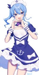 Rule 34 | 1girl, :d, anchor print, aqua nails, blue bow, blue bowtie, blue dress, blue eyes, blue hair, bow, bowtie, breasts, cosplay, dress, frilled dress, frills, hands up, heart, heart hands, highres, hololive, hoshimachi suisei, looking at viewer, maid headdress, minato aqua, minato aqua (1st costume), minato aqua (cosplay), nail polish, open mouth, short sleeves, side ponytail, sidelocks, simple background, small breasts, smile, solo, star (symbol), star in eye, symbol in eye, virtual youtuber, wavy hair, white background, white bow, you06