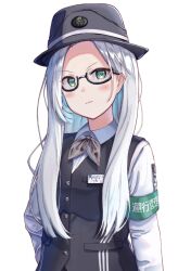 Rule 34 | 1girl, armband, ascot, black-framed eyewear, black hat, black vest, blue hair, blush, buttons, closed mouth, collared shirt, colored inner hair, commentary request, forehead, green armband, green eyes, grey ascot, hat, highres, long sleeves, looking at viewer, multicolored hair, original, png pant (bus), second-party source, semi-rimless eyewear, shirt, simple background, solo, under-rim eyewear, vest, white background, white hair, white shirt