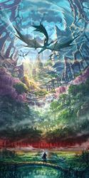 Rule 34 | 1boy, absurdres, adol christin, blue sky, cloud, day, dragon, falcom, forest, from behind, highres, male focus, nature, non-web source, official art, outdoors, rainbow, scenery, sky, solo, standing, sunlight, water, waterfall, ys, ys viii lacrimosa of dana