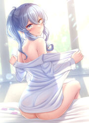 Rule 34 | 1girl, ass, blue eyes, blue hair, breasts, collared shirt, condom, condom wrapper, gotland (kancolle), hair between eyes, kantai collection, large breasts, long hair, long sleeves, looking at viewer, looking back, mole, mole under eye, open clothes, open shirt, ponytail, ryu-akt, shirt, sidelocks, sitting, solo, two-tone eyes, undressing, white shirt, yellow eyes