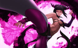 Rule 34 | +21yc (september breeze), 1girl, 21yc (september breeze), ass, bare shoulders, belt, black hair, blunt bangs, breasts, chaps, chinese clothes, covered erect nipples, crop top, crop top overhang, double bun, drill hair, dudou, fingerless gloves, foreshortening, gloves, grin, hair bun, hair ornament, halterneck, han juri, highres, jewelry, kicking, medium breasts, midriff, nail polish, navel, pants, pink eyes, pink lips, pink nails, pointy hair, purple eyes, ribs, ring, sideboob, signature, smile, solo, stomach, street fighter, street fighter iv (series), toned, twin drills, twintails, underboob, wallpaper