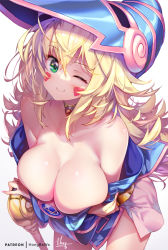 Rule 34 | 1girl, ;), bare shoulders, blonde hair, blue hat, breasts, cleavage, dark magician girl, green eyes, hair between eyes, hat, hong (white spider), large breasts, long hair, looking at viewer, off shoulder, one eye closed, patreon username, signature, smile, solo, white background, wizard hat, yu-gi-oh!