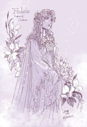Rule 34 | 1girl, character name, circlet, dated, finduilas, flower, highres, kazuki-mendou, tolkien&#039;s legendarium, long hair, long sleeves, monochrome, one-hour drawing challenge, parted lips, pointy ears, purple theme, signature, solo, standing, the silmarillion, wide sleeves