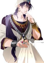 Rule 34 | 1boy, absurdres, arabian clothes, bracer, earrings, finger to own chin, hand on own knee, hat ornament, highres, hoop earrings, jewelry, kajibaji, long hair, looking to the side, low ponytail, magi the labyrinth of magic, male focus, necklace, purple hair, purple robe, ring, robe, simple background, sinbad (magi), sitting, solo, turban, white background, white robe, yellow eyes