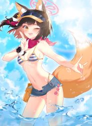 Rule 34 | 1girl, ;d, animal ear fluff, animal ears, armpits, bare arms, bare shoulders, bikini, black hair, blue archive, blue shorts, breasts, contrapposto, cutoffs, denim, denim shorts, eyeshadow, fang, fox ears, fox girl, fox shadow puppet, fox tail, hair ornament, halo, highleg, highleg bikini, highres, izuna (blue archive), izuna (swimsuit) (blue archive), kuji-in, large tail, looking at viewer, makeup, micro shorts, navel, official alternate costume, one eye closed, one side up, open fly, open mouth, ranya (artiraia), scarf, scrunchie, short hair, shorts, small breasts, smile, solo, standing, stomach, string bikini, striped bikini, striped clothes, sunlight, swimsuit, tail, thighs, visor cap, wading, water, wrist scrunchie, yellow eyes