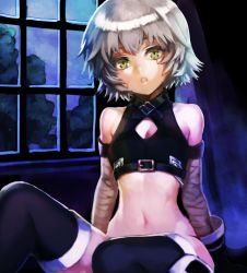 Rule 34 | 1girl, bandages, bare shoulders, belt, black panties, black thighhighs, cleavage cutout, clothing cutout, darumaya (rikky potty), fate/apocrypha, fate/grand order, fate (series), gloves, green eyes, indoors, jack the ripper (fate/apocrypha), looking at viewer, navel, night, panties, scar, short hair, sitting, solo, thighhighs, tree, underwear, white hair, window