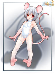 Rule 34 | 1girl, animal ears, artist logo, artist name, bare shoulders, blush, breasts, chinese clothes, chinese zodiac, dudou, elbow gloves, full body, gloves, gluteal fold, grey hair, groin, highres, lace trim, looking at viewer, mouse ears, mouse girl, mouse tail, nakajima konta, no panties, open mouth, original, red eyes, revealing clothes, short hair, small breasts, soles, solo, spread fingers, tail, thighhighs, toe scrunch, turtleneck, white thighhighs, year of the rat