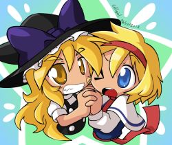 Rule 34 | 2girls, alice margatroid, artist name, bandaid, bandaid on face, blonde hair, blue eyes, capelet, cheek-to-cheek, coffgirl, dated, female focus, grin, hairband, holding hands, hat, heads together, kirisame marisa, long hair, multiple girls, one eye closed, short hair, smile, star (symbol), touhou, two-tone background, witch hat, yellow eyes