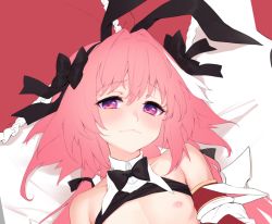 Rule 34 | 1boy, astolfo (fate), astolfo (saber) (fate), bare pectorals, black bow, black bowtie, black gloves, black ribbon, blush, bow, bowtie, commentary request, crossdressing, detached sleeves, fate/grand order, fate (series), gloves, hair bow, hair intakes, looking at viewer, low twintails, lying, male focus, multicolored hair, navel, nipples, on back, on bed, pectorals, pillow, pink eyes, pink hair, ribbon, solo, streaked hair, trap, twintails, white hair, wing collar, yaguo, yes, yes-no pillow