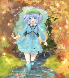 Rule 34 | 1girl, :d, autumn, backpack, bad id, bad pixiv id, bag, blue eyes, blue hair, boots, cattail, dress, female focus, green eyes, hat, kawashiro nitori, key, kippu, matching hair/eyes, multicolored eyes, nature, open mouth, plant, randoseru, rubber boots, short hair, smile, solo, stream, touhou, twintails, two side up, wading, water