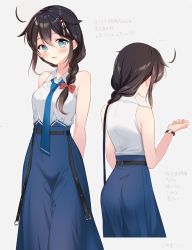 Rule 34 | 1girl, ahoge, arms behind back, belt, black hair, blue eyes, blue necktie, blue skirt, braid, dress shirt, feet out of frame, hair flaps, hair ornament, hair over shoulder, highres, kantai collection, naoto (tulip), necktie, official alternate costume, shigure (kancolle), shigure kai ni (kancolle), shirt, single braid, skirt, sleeveless, sleeveless shirt, solo, standing, translation request, watch, white shirt, wristwatch