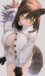 Rule 34 | 1girl, animal ear piercing, animal ears, areola slip, arknights, blush, breasts, brown hair, buttons, cleavage, collared shirt, cow, cross tie, dress shirt, grey background, groin, hair between eyes, highres, kochiya (gothope), large breasts, long hair, looking at viewer, naked shirt, open clothes, open shirt, paid reward available, ponytail, raccoon ears, raccoon girl, raccoon tail, robin (arknights), shirt, simple background, solo, tail, yellow eyes