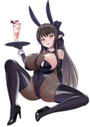 Rule 34 | 1girl, absurdres, animal ears, ass, bare shoulders, black bow, black footwear, black hair, black pantyhose, black thighhighs, bow, breasts, chocolate, commentary request, commission, covered navel, dot nose, drink, elbow gloves, fake animal ears, food, fruit, gloves, hair bow, high heels, highleg, highleg leotard, highres, holding, holding tray, huge breasts, knee up, latex, latex thighhighs, legs folded, leotard, long hair, looking at viewer, open mouth, original, pantyhose, partial bodysuit, playboy bunny, pointy ears, red eyes, scvready, simple background, solo, spread legs, strawberry, strawberry parfait, teeth, thighhighs, thighs, tray, upper teeth only, whipped cream, white background, wrist cuffs