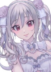 Rule 34 | 1girl, absurdres, bare shoulders, blush, breasts, brooch, dress, earrings, flower, grey hair, hair flower, hair ornament, hair ribbon, hairband, highres, idolmaster, idolmaster cinderella girls, jewelry, kanzaki ranko, looking at viewer, piroyan, red eyes, ribbon, rose, simple background, small breasts, smile, solo, twintails, upper body, white background, white dress