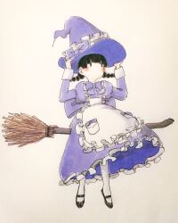 Rule 34 | 1girl, apron, black footwear, black hair, bow, bowtie, braid, broom, broom riding, commentary, dress, frilled apron, frilled dress, frilled hat, frills, full body, hands on headwear, hands up, hat, hat bow, highres, juliet sleeves, long sleeves, mary janes, original, pantyhose, puffy sleeves, purple bow, purple bowtie, purple dress, purple hat, shoes, simple background, sitting, sleeve cuffs, solo, tokunaga aoi, traditional media, twin braids, white apron, white background, white pantyhose, witch, witch hat