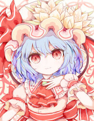 Rule 34 | 1girl, ascot, back bow, blue hair, bow, brooch, chain, closed mouth, collared shirt, commentary request, fang, flower, flower request, frilled shirt collar, frilled wrist cuffs, frills, hand on own chest, hat, hat flower, hat ribbon, highres, jewelry, looking at viewer, mob cap, pink hat, pink shirt, puffy short sleeves, puffy sleeves, red ascot, red bow, red eyes, red ribbon, remilia scarlet, ribbon, ro.ro, shirt, short sleeves, skin fang, sleeve bow, smile, solo, touhou, upper body, wavy hair, white flower, wings, wrist cuffs