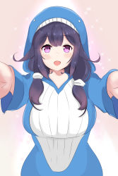 Rule 34 | 1girl, absurdres, animal hood, blush, byaku h, hair flaps, highres, hood, incoming hug, kantai collection, looking at viewer, open mouth, pajamas, purple hair, solo, taigei (kancolle), twintails, whale