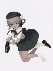 Rule 34 | 1girl, arm support, beret, black bow, black bowtie, black hat, black ribbon, black skirt, bow, bowtie, bright pupils, brown eyes, brown nails, collared shirt, commentary, dark-skinned female, dark persona, dark skin, eggplus, flower, from above, full body, glaring, hair flower, hair ornament, hair ribbon, half-closed eyes, hat, hatoba tsugu, highres, holding, holding clothes, holding footwear, loafers, long sleeves, looking at viewer, looking up, loose bowtie, mole, mole under eye, open mouth, pleated skirt, ribbon, rose, shirt, shoes, simple background, single hair ring, sitting, skirt, socks, solo, suspender skirt, suspenders, suspenders slip, tsugu (vtuber), unworn shoes, v-shaped eyebrows, virtual youtuber, white background, white flower, white pupils, white rose, white shirt, white socks, yokozuwari