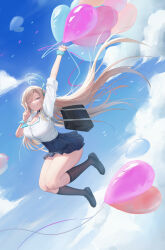 Rule 34 | 1girl, absurdly long hair, absurdres, asuna (blue archive), bag, balloon, black bag, black choker, black footwear, black socks, blonde hair, blue archive, blue bow, blue bowtie, blue eyes, blue skirt, blue sky, bow, bowtie, breasts, choker, cleavage, cloud, cloudy sky, collared shirt, floating, floating hair, flying, full body, hair over one eye, halo, high-waist skirt, highres, holding, holding balloon, huge breasts, kafeifeifeifeifeifei jiemo jun, long hair, long sleeves, loose bowtie, miniskirt, partially unbuttoned, pleated skirt, school uniform, shirt, shoes, skirt, sky, sleeves rolled up, smile, socks, solo, taut clothes, taut shirt, tented shirt, traditional bowtie, v, very long hair, white shirt